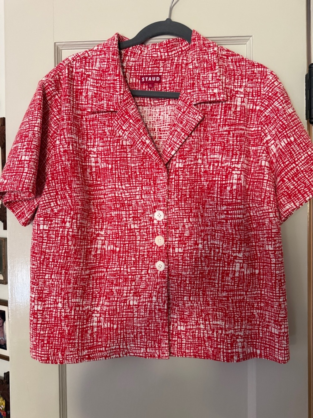 STAUD Short Sleeve, Cropped Red and White Blazer, Top, Shirt, Blouse